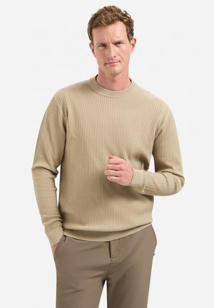 Beige geribbelde gebreide trui met lange mouwen en een ronde hals, gedragen met lichtbruine broeken. De stof heeft een gestructureerde uitstraling.