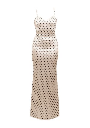 Abito nero a pois su sfondo beige, realizzato in tessuto morbido, caratterizzato da spalline sottili e una silhouette aderente con un design lungo fino al pavimento.