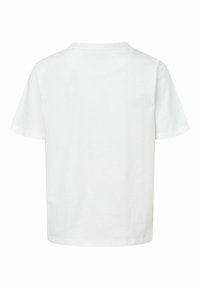 Witte katoenen T-shirt met korte mouwen, ronde hals en een eenvoudig ontwerp. De achterkant toont een gladde textuur zonder graphics of accenten.
