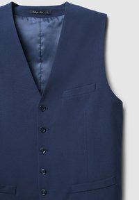 Marineblaues ärmelloses Weste mit fünf Knöpfen, einem Reverskragen und zwei Vordertaschen, mit einem glatten Innenfutter.