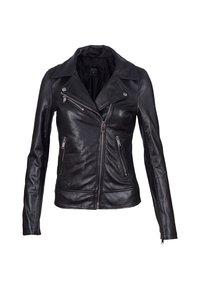 Černá kožená motorkářská bunda s asymetrickým předním zipem, dvěma zipovými kapsami, širokými klopami a dlouhými rukávy na bílém pozadí.