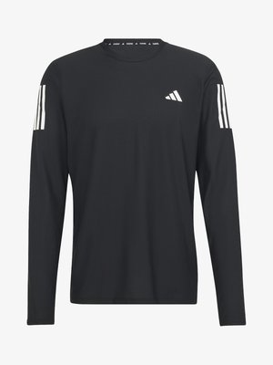 Black long-sleeve shirt made of lightweight fabric featuring a round neck, textured surface, and white three-stripe logo on the sleeves.