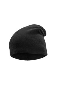 Beanie negru din tricot cu o formă lejeră. Are o textură moale, un design cu dungi și o deschidere rotundă la bază.