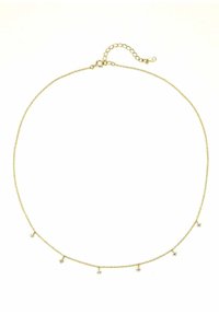 Collana in oro con cinque piccoli accenti in zirconia cubica, distribuiti uniformemente lungo la lunghezza. Chiusura regolabile con catena estensibile.