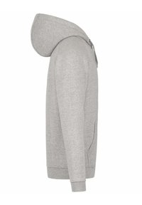 Felpa grigia con una texture morbida, dotata di cappuccio con cordino, tasche laterali e polsini a costine. Design semplice con una vestibilità rilassata.