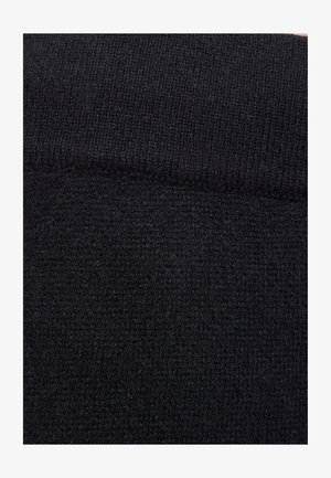 Tessuto di maglia nero con una texture morbida. Presenta un motivo a coste nella parte superiore. Nel complesso, il materiale ha una superficie liscia e uniforme.