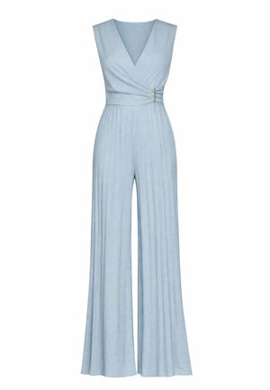 Tuta senza maniche azzurro chiaro con gambe ampie, corpetto a incrocio con scollatura a V e piccolo dettaglio con fibbia laterale in vita.