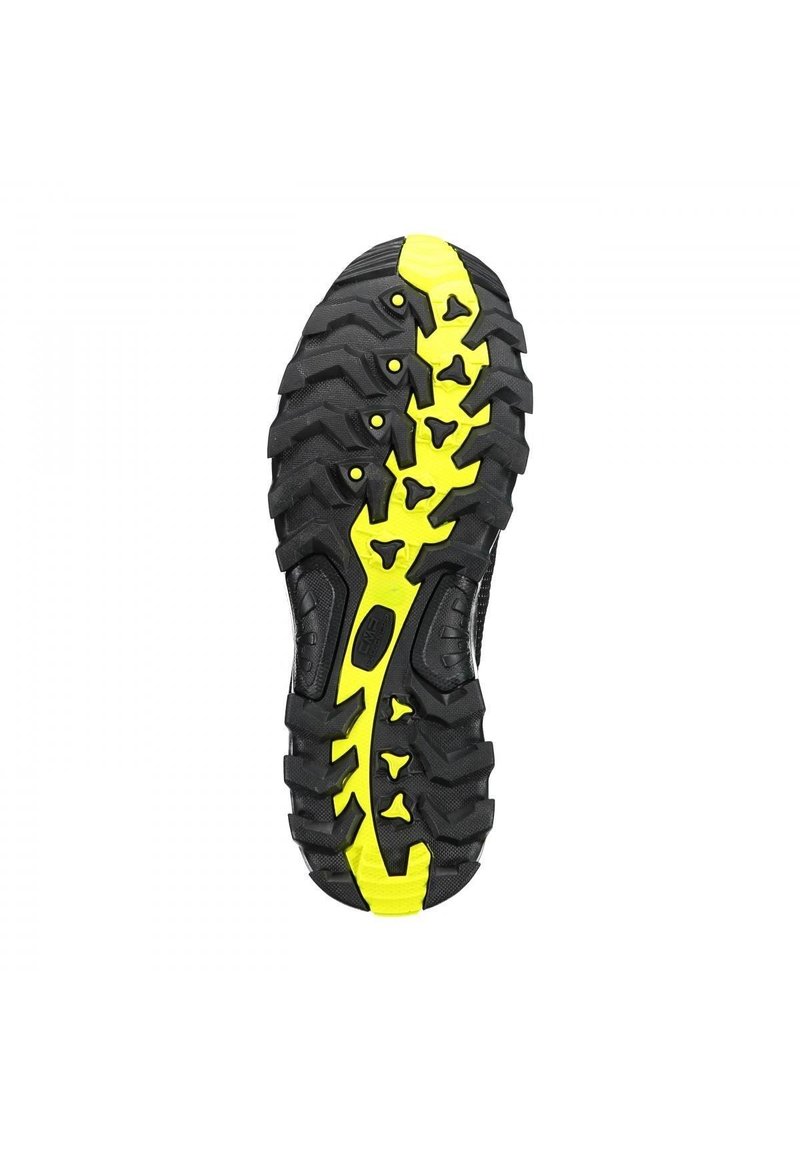 Suola in gomma nera con tacchi aggressivi e profondi per una maggiore aderenza. Accenti gialli brillanti si snodano lungo il centro e i lati. Superficie testurizzata.