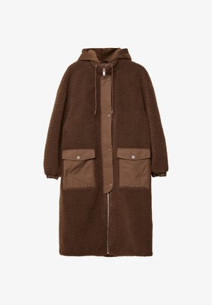 Hnědý fleecový kabát s kapucí, se zipem vpředu, patentkami, dvěma velkými předními kapsami a elastickými manžetami. Měkká textura a oversized design.