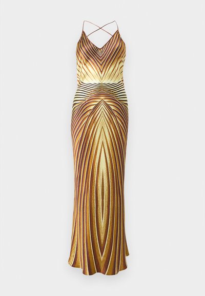 Μακρύ φόρεμα χωρίς μανίκια με λεπτές διασταυρούμενες τιράντες, με συμμετρικό καφέ, κίτρινο και μπεζ ριγέ σχέδιο που σχηματίζει μοτίβο ζιγκ-ζαγκ.