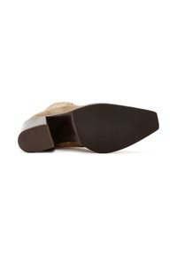 Beige suede shoe sole with a textured, pointed front and a glossy brown block heel. The outsole is smooth with minimal tread detail.