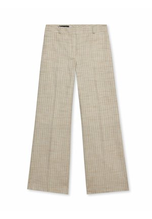 Beżowe spodnie o szerokich nogawkach z subtelnymi pionowymi i poziomymi kratkami, szlufkami na pasek oraz gładkim przodem.