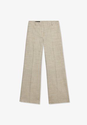 Beige Hosen mit weitem Bein, verziert mit dezenten vertikalen und horizontalen Karolines, Gürtelschlaufen und einem flachen Vorderteil.