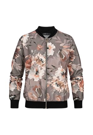 Jachetă bomber florală cu un fundal gri, având flori mari roz și albe, manșete negre cu nervuri și un fermoar frontal. Textură de țesătură moale.
