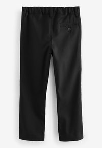 Schwarze Hose mit weicher Textur, elastischem Bund, geraden Beinen und einer Gesäßtasche mit Knopfdetail.