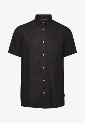 Chemise noire à manches courtes et à boutons en lin, dotée d'une poche sur la poitrine gauche, de cinq boutons et d'un col classique.
