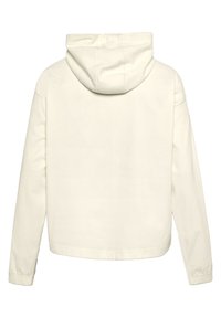 White hooded jacket with ribbed texture, long sleeves, and a straight hem. The back features minimal detailing and no visible logos.