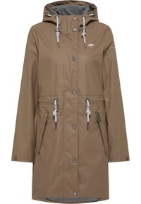 Brown raincoat with a hood, zip closure, and snap buttons. Features adjustable drawstrings, pockets, and a gray lining. Smooth, waterproof material.