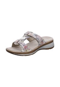 Open-toe sandals with a pink iridescent material, decorative buckles, and a cushioned sole. Features a textured rubber outsole and wedge heel.