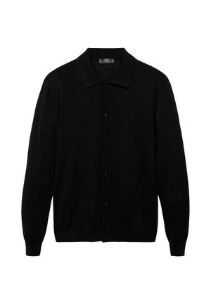 Cardigan nero a maniche lunghe con bottoni, colletto, polsini e orlo a coste, esposto su uno sfondo bianco.