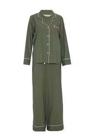 Olivgrünes Pyjama-Set aus weichem Stoff, bestehend aus einem langärmligen Hemd mit Knöpfen und weißen Paspeln sowie einer lockeren, weit geschnittenen Hose.