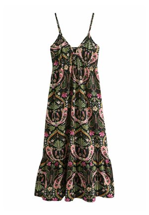 Robe longue noire sans manches avec fines bretelles et un motif floral et feuilles multicolore dans des tons rose, vert et orange.