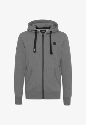 Gray zip-up hoodie featuring a drawstring hood, two front pockets, and a round logo patch on the chest. Soft cotton material, casual design.