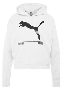 Felpa corta bianca con maniche lunghe, logo del puma nero che salta, grafica a codici a barre e testo "PUMA" sul davanti.