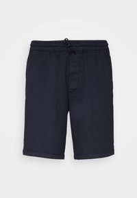 Pantalones cortos azul marino hechos de una tela ligera, con una cinturilla elástica y cordón ajustable, y un diseño simple y limpio con bordes dobladillados.