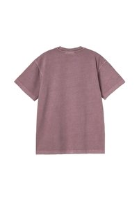 Camiseta de manga corta en color mauve desvaído, vista desde la parte posterior, con cuello redondo y costuras visibles en las mangas y el dobladillo.