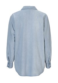 Lichtblauw denim overhemd, met knoopsluiting bij de mouwen, klassieke kraag, lange mouwen, een licht gebogen zoom en een zachte, textuurrijke stof.