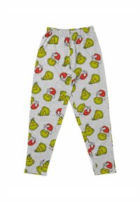 Leggings grigi per bambini con facce del Grinch su tutta la superficie, alcune con cappelli di Babbo Natale rossi, su uno sfondo bianco.