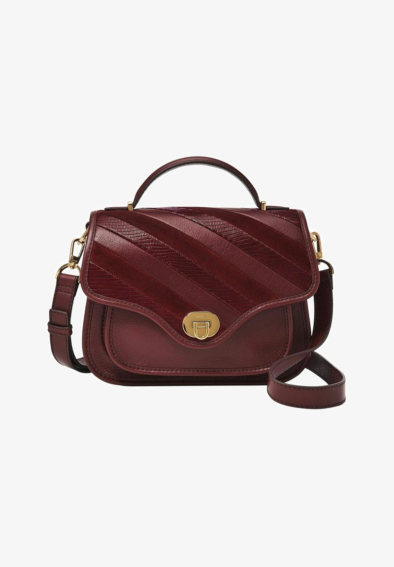 Burgundy leather handbag with diagonal striped texture, top handle, gold hardware closure, and removable shoulder strap.