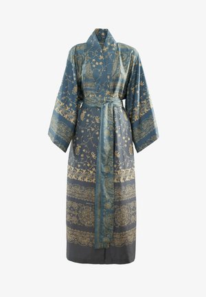 Blue robe with gold floral patterns, kimono-style sleeves, and a matching tie belt. Made of soft fabric with a smooth texture and detailed accents.