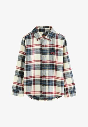 Camicia in flanella con motivo a quadri in rosso, blu e beige. Design con bottoni, maniche lunghe, orlo curvo e logo sul petto.