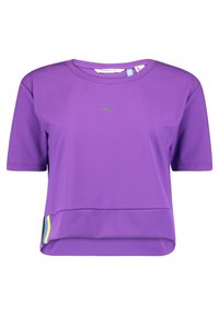 Fialový sportovní top s krátkým rukávem vyrobený z hladkého, na vlhkost odpuzujícího materiálu. Obsahuje decentní logo a kontrastní pruhovaný detail na lemu.