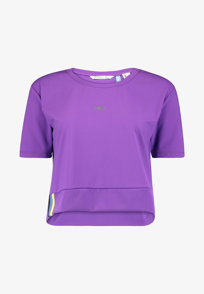 Fialový sportovní top s krátkým rukávem vyrobený z hladkého, na vlhkost odpuzujícího materiálu. Obsahuje decentní logo a kontrastní pruhovaný detail na lemu.