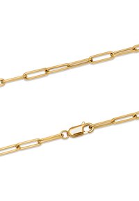 Gold-toned chain necklace featuring elongated oval links, a smooth texture, and a lobster clasp for secure fastening.