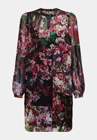 Robe à manches longues avec motif patchwork floral multicolore dans des tons de rose, violet, vert et noir, dotée d'un col arrondi et d'un détail bouton.