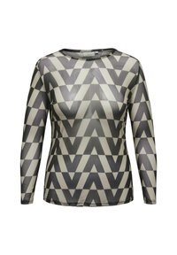Maglietta a maniche lunghe caratterizzata da un motivo a zigzag nero e beige, realizzata in tessuto trasparente con una texture liscia e scollatura tonda.