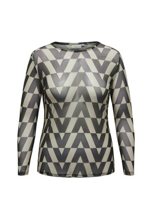 Langemouwen top met een zwart en beige zigzagpatroon, gemaakt van doorzichtig materiaal met een gladde textuur en een ronde halslijn.