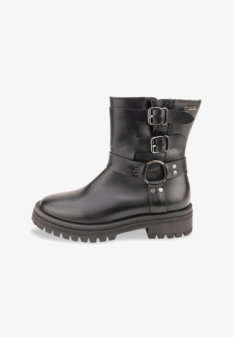 Botín negro de cuero hasta el tobillo con dos correas de hebilla, punta redonda, suela de goma gruesa y detalle de hardware circular en el lateral.