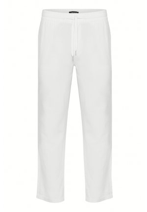 Pantalones de lino blancos con cintura elástica y cordón ajustable. Diseño de pierna recta, textura ligera y sin patrones ni acentos visibles.