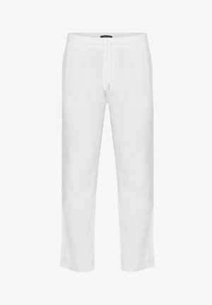 Pantaloni bianchi in lino con cinturino elastico e cordoncino. Design a gamba dritta, texture leggera e senza motivi o dettagli visibili.