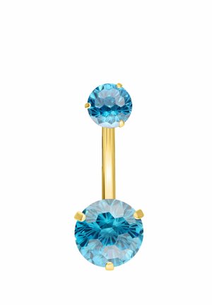 Gold belly button ring with two round faceted blue gemstones, one larger at the bottom and one smaller at the top, against a white background.