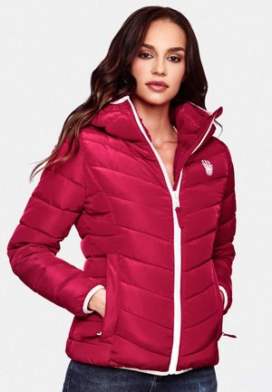 Red puffer jacket with horizontal quilted design, white zipper, and hood. Features side pockets, lightweight material, and embroidered logo.