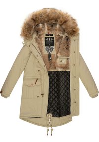 Beige parka with faux fur hood, quilted black lining, drawstring hem, and multiple pockets. Features brown accents and snap closures.