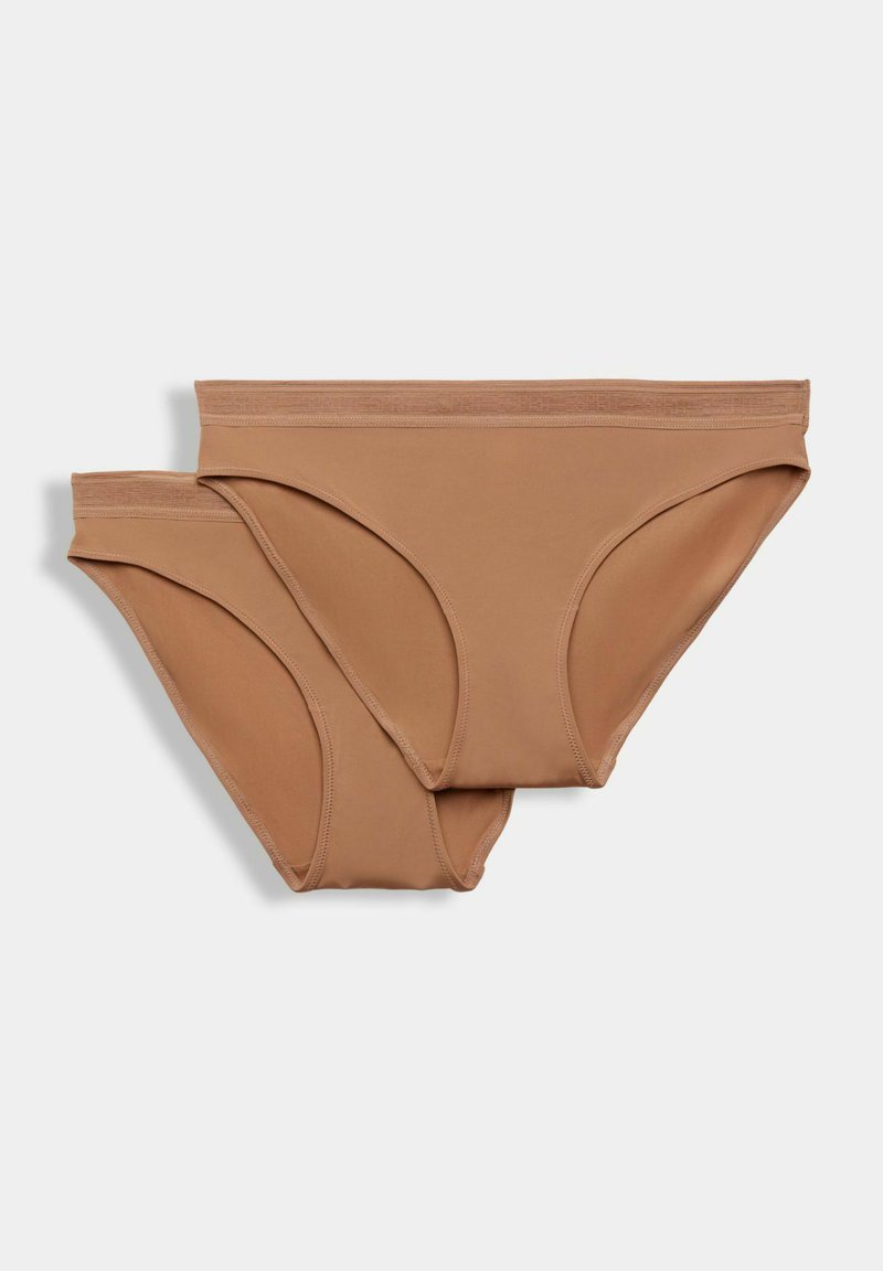 Zwei Paar Damenunterhosen in Beige, aus glattem, dehnbarem Material hergestellt. Verfügt über einen weichen, elastischen Bund und ein minimalistisches Design.