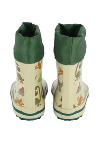 Bottes imperméables pour enfants avec un corps beige clair, des accents verts et des motifs colorés d'animaux et de volcans. Matériau doux et flexible.