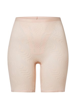 Beige shapewear shorts met een golvenpatroon, naadloos design en middenthigh lengte, voorzien van een elastische tailleband voor comfort.